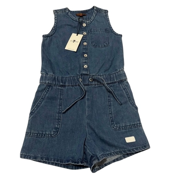 7 For All Mankind Little Girls Denim Button Up Tie Waist Romper Size 5 - Picture 4 of 7